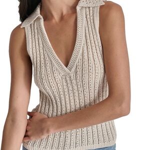 NWT DKNY Lacey Stitch Collared Sleeveless Sweater Sz S Beige